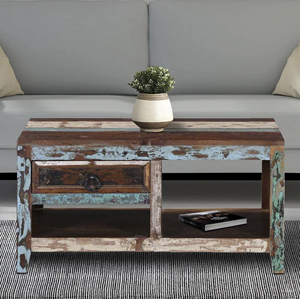 Mesa de Centro de Madera Reciclada Rústica Hecha a Mano con Acabado Desgastado y Cajón de Almacenamiento Integrado para Sala de Estar - Product Image 2