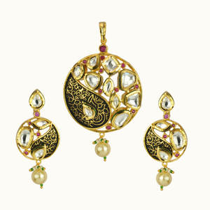 triangle shape mehndi plated jhumki with small pearls 8712 Blue - Product Image 2