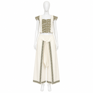 Pantalon Palazzo Femme Ivoire Ample à Jambes Larges avec Ceinture à Nouer, Bordure Géométrique, Taille Élastique, Style Bohème pour l'Été, la Plage et les Vacances, Coupe Décontractée - Product Image 1