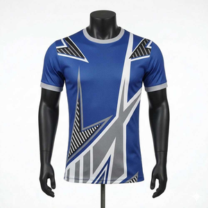 Camiseta de Manga Corta con Cuello Redondo y Estampado Geométrico Azul para Hombre, de Secado Rápido, Tejido de Punto, Corte Ajustado, Estilo Deportivo - Product Image 1