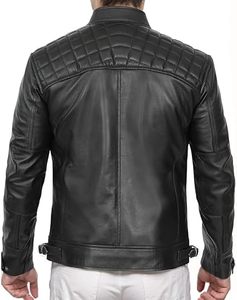 <b>Men's</b> <b>Black</b> PU Leather Moto <b>Jacket</b> Stand Collar Zipper Closure Slim Fit Regular Length Solid Color Biker Style Autumn Wear - Product Image 4