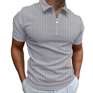 Polo en laine tricotée pour homme, couleur gris clair uni, manches courtes, t-shirt fin pour homme, fermeture éclair quart, coupe ajustée, style hip hop - Product Image 1