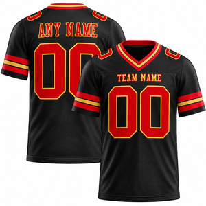 Maillots de football OEM personnalisés, impression par sublimation, tissu en maille respirant, design sans manches, nom et numéro personnalisés, noir/rouge/or - Product Image 1