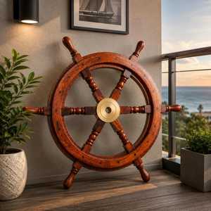 Premium Quality 18" Polished Wood & Brass Maritime Boat Captains Nautical Beach <b>Ship</b> <b>Wheel</b> for Home Decor - Product Image 3