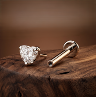 Piercing de nez en diamant de laboratoire taille cœur, or massif 14 carats, sertissage griffe, romantique, unisexe, bijou fin