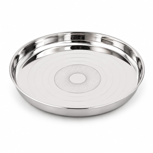 Ensemble d'assiettes plates rondes en acier inoxydable poli, couleur argent, vaisselle en métal, à prix abordable - Product Image 5