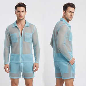 Conjunto de Camisa y Pantalones Cortos de Malla para Hombre, Casual, 100% Poliéster, Verano, Transparente, con Cierre, Secado Rápido - Product Image 1