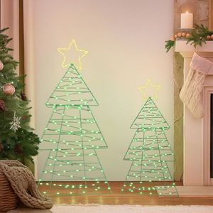 Set di 2 Alberi di Natale in Metallo Illuminati, Decorazione da Giardino Pre-illuminata con 150 Luci LED Verdi e Bianco Caldo per le Festività - Product Image 3