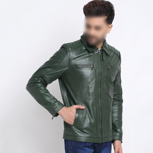 Chaqueta de Motociclista de Cuero Vacuno Verde para Hombre, Cuello Camisero, Cierre de Cremallera, Manga Regular, Estilo Biker Otoñal, Color Sólido, Corte Ajustado - Product Image 4