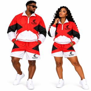 Conjunto Deportivo Unisex, Chaqueta con Cierre de Cremallera y Pantalones Cortos, Diseño Color Block Rojo, Blanco y Negro, Secado Rápido, Ropa Deportiva para Primavera - Product Image 2