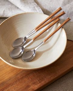 3-Piece Stainless Steel Teaspoon <b>Set</b> with Wooden Handles Mirror Polish Nordic Flatware <b>Cutlery</b> - Product Image 1