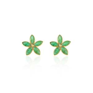 18K Gold Five Stone <b>Emerald</b> Flower <b>Stud</b> <b>Earrings</b> with Freshwater Pearl and Diamond - Product Image 3