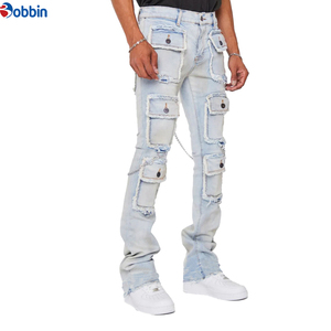 Pantalones Cargo Desgastados para Hombre, Corte Slim, Múltiples Bolsillos, Tallas Grandes, Pantalones de Mezclilla para Hombre, Bolsillos Laterales, Cintura Media, Cierre de Botón y Cremallera - Product Image 1