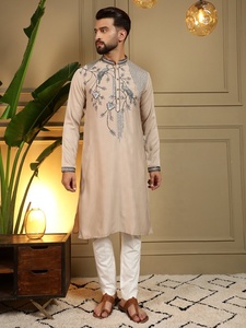 <b>Men</b> Beige Embroidered <b>Kurta</b> Pajama Set Regular Fit Traditional Wear Indian Pakistani Knee-Length Casual Wear - Product Image 1