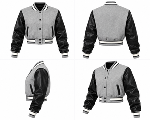 Veste universitaire personnalisée en laine grise courte, manches en similicuir noir, marque privée - Product Image 2