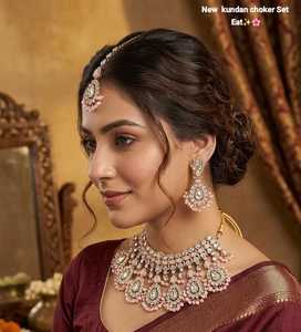 Luxury High Quality Vintage Copper <b>Gold</b> Plated Pearl Kundan Choker Necklace <b>Set</b> Earrings Maang Tikka Latest Engagement Wedding - Product Image 1