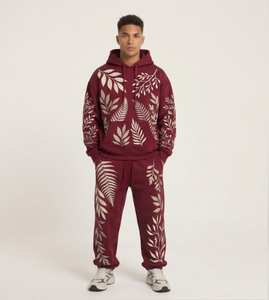 Conjunto de Sudadera con Capucha y Pantalones Deportivos Amarillos para Hombre, Chándal Informal con Estampado de Hojas, Conjunto de Dos Piezas - Product Image 3