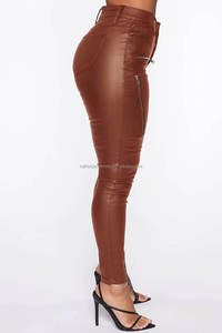 Prêt de stock personnalisé femmes crayon pantalon marron en cuir PU taille haute fermeture éclair braguette avec poches plaquées pour fête style porter - Product Image 3