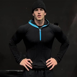 Custom Men Half <b>Zip</b> <b>Hooded</b> Sports T-Shirt Quick Dry Long Sleeve Gym Running Fitness Hoodie OEM Polyester Activewear Manufacturer - Product Image 3