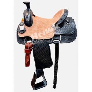 Selle de cheval western en cuir véritable de qualité supérieure, fabriquée à la main, robuste, pour l'équitation en ranch et les sentiers, avec arceau en plastique personnalisable - Product Image 2