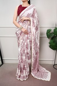 Women White Cotton <b>Saree</b> With Black Hand Drawn Floral Print Traditional Indian Casual Wear Floor Length Regular Fit - Product Image 4