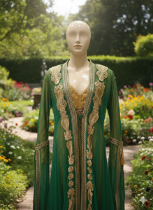 Robe longue de luxe vert forêt brodée ; Robe de soirée artisanale à motif floral en sequins dorés pour mariages et événements formels - Product Image 2