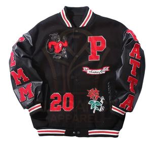 Blousons de baseball universitaires pour adultes, collection Automne Hiver 2026, en tweed noir orné de lettres, avec empiècements rouges et blancs et col montant - Product Image 1