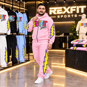 Ensemble de survêtement rose personnalisé pour homme Rexfit, sweat à capuche zippé, jogging, vêtements de sport, vêtements de gym, streetwear, vêtements de sport actifs, fabricant OEM ODM - Product Image 3