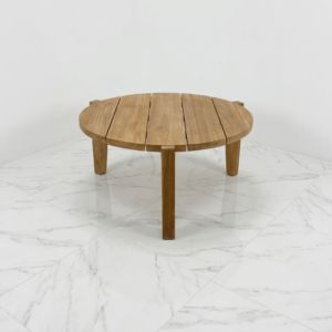 Mesa de Centro Redonda Moderna de Madera Maciza Orgánica con Tapa de Listones y Patas de Bloque, Mueble para Sala de Estar, Hogar, Apartamento, Decoración de Salón, Apilable - Product Image 2