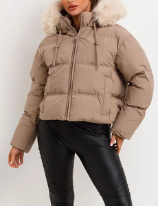 Women's High Quality Breathable Canvas Quilted Puffer <b>Jacket</b> <b>Fur</b> Hood Zipper Closure Winter <b>Short</b> Coat Lightweight Polyester - Product Image 3
