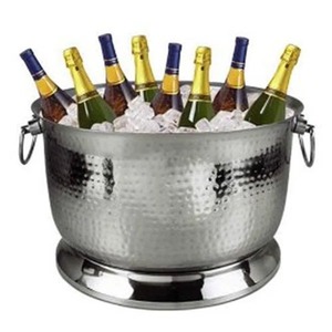Elegant Polished Silver Hammered Metal Drink Cooler <b>Basin</b> With Ring Handles Professional Grade Multi Bottle Champagne Chiller - Product Image 1