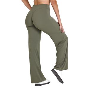 Olive Green High Waist <b>Flared</b> Leg Yoga <b>Leggings</b> Seamless Full Length Elastic Waist Sportswear Women's Training Pants - Product Image 3
