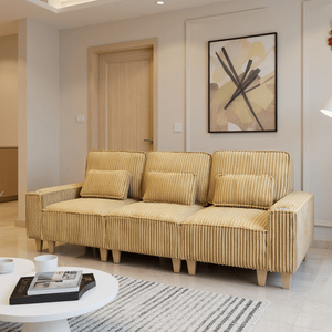 Divano Moderno a 3 Posti con Seduta Profonda in Velluto a Coste, Portabicchieri in Acciaio Inox Spazzolato e 3 Cuscini Decorativi per Soggiorno - Product Image 3