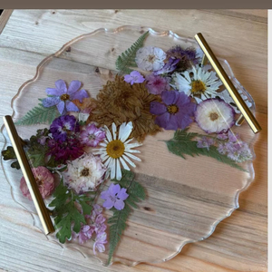Clear Resin Scalloped Tray with Real <b>Pressed</b> <b>Flowers</b> Handmade Floral Resin Serving Tray with Gold Handles - Product Image 1