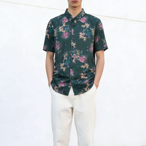Men's Summer Beach Hawaiian Print Satin ODM Breathable Anti-Shrink Anti-Pilling Slim Short Sleeve Button-<b>Down</b> Casual T-Shirt - Product Image 3