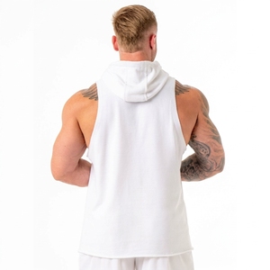 Prix d'usine, logo personnalisé, débardeur à capuche sans manches pour homme, couleur unie, tricoté, vêtements décontractés avec poches - Product Image 2
