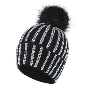 Striped Rhinestone Beanie <b>Hat</b> With Pom Pom <b>For</b> Women And <b>Men</b> Winter <b>Knit</b> Cap Casual Fashion Headwear Adult Size 56-58CM - Product Image 3