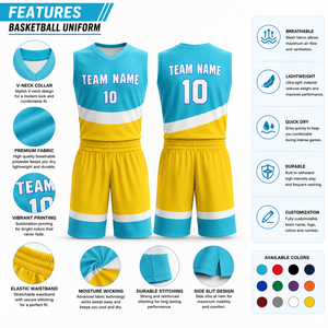 Uniforme de Baloncesto Transpirable de Poliéster Ligero de Alta Calidad a Precio de Mayoreo, Azul y Amarillo, Sublimado, Ropa Deportiva para Adultos - Product Image 5