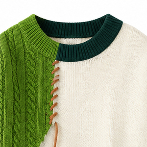 Men's Patchwork Knitted Pullover <b>Sweater</b> Full Sleeve Regular Fit Spliced Design Autumn Wear Green Brown Cream Color - Product Image 5