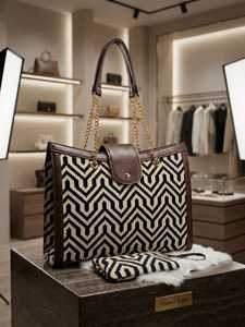 Ethnic Vintage Chevron Jacquard Hand-painted Zipper <b>Large</b> Capacity Tote Bag <b>Women</b> Shoulder <b>Handbag</b> Wristlet Pouch Geometric - Product Image 1