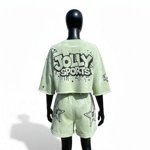 Ensemble court en coton GSM French Terry pour femme, vert pastel, imprimé graphique, logo personnalisé, 100% coton, haut court et short - Product Image 2