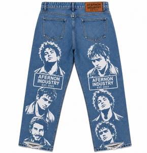 AFERNON INDUSTRY Men's Black Printed Street Style Casual <b>Jeans</b> <b>Elastic</b> <b>Waist</b> Acid Wash 100% Cotton Canvas Lightweight Summer - Product Image 4