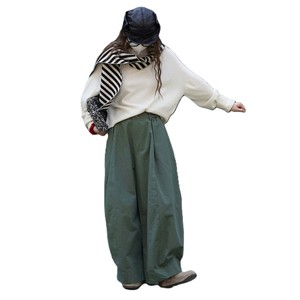 Pantalones de cintura alta para mujer, de pierna ancha, de color liso, de lona, holgados, largos, informales, de otoño, con cintura elástica y bolsillos - Product Image 6