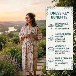 Bata Kimono de Algodón con Estampado Floral Bohemio, Bata de Baño Larga con Estampado a Bloques, Bata Ligera para Descansar, Bata de Algodón con Cintura Ajustable para Resort - Product Image 2