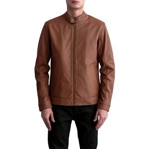 Veste en cuir véritable marron pour homme, col montant, fermeture éclair, style motard - Product Image 1