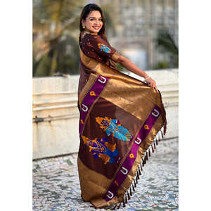 Sari de Seda Paithani Tradicional Tejido con Hilo Zari de Café Elite Weaves, Ropa India y Pakistaní Especial - Product Image 3