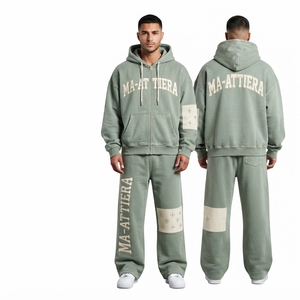 Custom Sage Green <b>Oversized</b> Zip Up Hoodie and Wide Leg <b>Sweatpants</b> Two Piece Tracksuit Set - Product Image 1