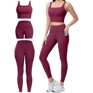 Burgundy High Waisted Yoga <b>Leggings</b> Set Seamless Full Length 2PCS Solid Color Spandex Polyester Women Workout Pants - Product Image 2