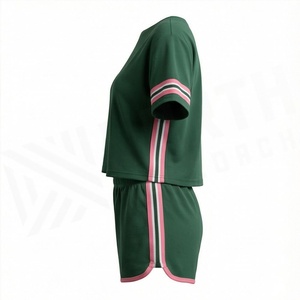 Women's Green Sporty 2 Piece Shorts <b>Set</b> Short Sleeve T Shirt and Above Knee Shorts with Pink Stripe Details Breathable <b>Knitted</b> - Product Image 3