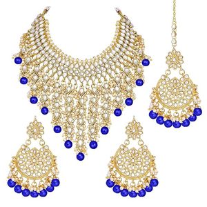 Conjunto de Collar y Pendientes de Aleación Chapada en Oro Antiguo con Cuentas Azules y Circones, Joyería Étnica para Bodas para Mujer - Product Image 4